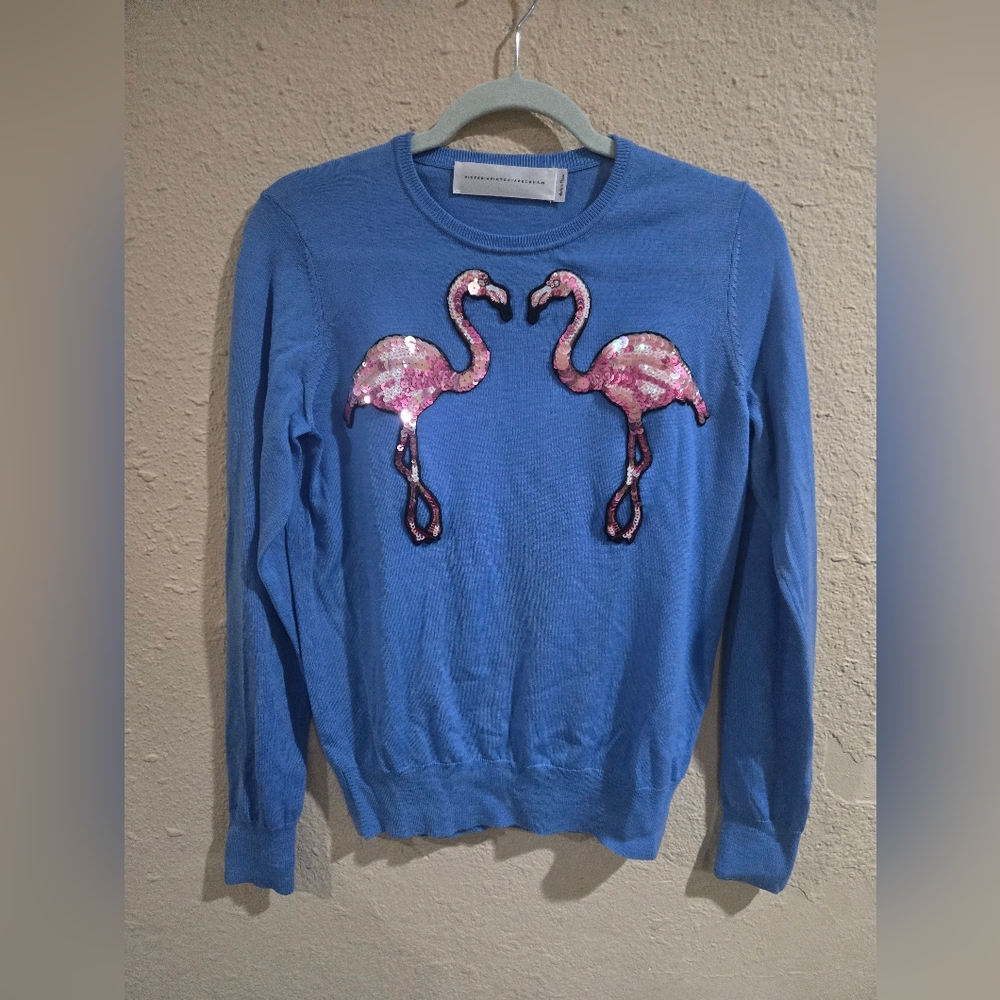 Victoria Victoria Beckham Flamingo Graphic Print Crew Neck Sweater, Blue, Size 6